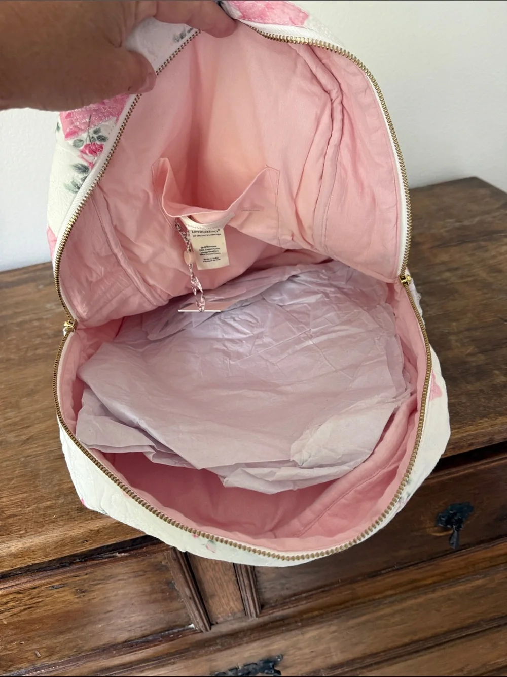 NWT LoveShackFancy Quilted Floral Cream and Pink Backpack with Bow Accent